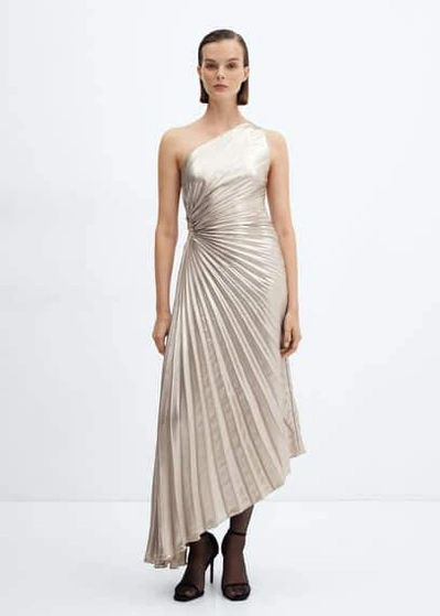 Mango Asymmetrical Pleated Dress Silver