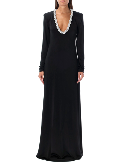 Stella Mccartney Crystal Braided Scoop-neck Long-sleeve Gown In Black