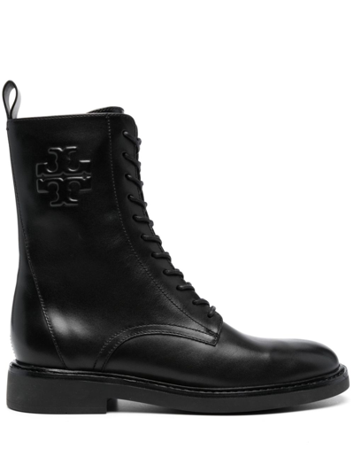 Tory Burch Logo Embossed Lace-up Combat Boots In Black