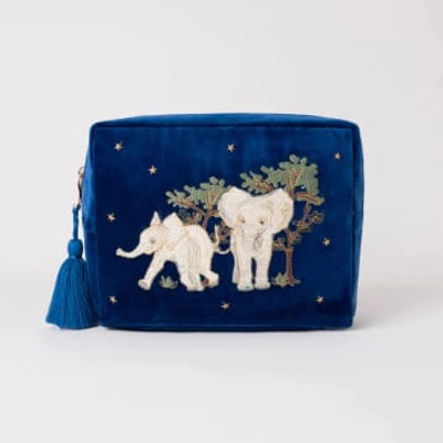 Elizabeth Scarlett Elephants Navy Velvet Wash Bag In Blue