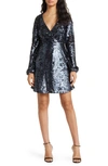 FRENCH CONNECTION BISMA SEQUIN LONG SLEEVE FAUX WRAP COCKTAIL DRESS