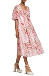 & Other Stories Floral Puff Sleeve Lace-up Back Dress In Pink Flower Aop
