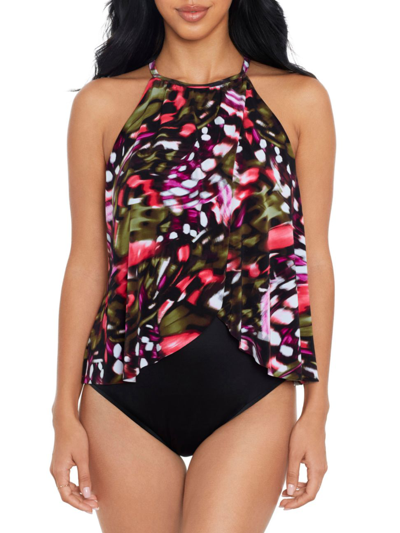 Magicsuit Swim, Plus Size Women's Flutter Aubrey Tulip Hem One-piece Swimsuit In Black Multi