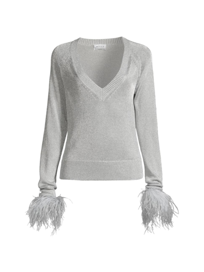 Milly Women's Feather-trimmed Metallic Knit Pullover Jumper In Silver