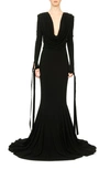 INTERIOR THE SHEP PLUNGE NECK LONG SLEEVE GOWN WITH TRAIN