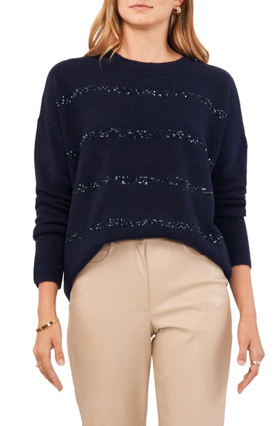 Vince Camuto Women's Crewneck Sequin Stripe Long Sleeve Sweater In Classic Navy