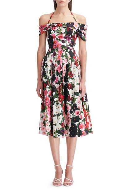 Oscar De La Renta Hollyhocks Halter Cotton Poplin Dress In Pink/white