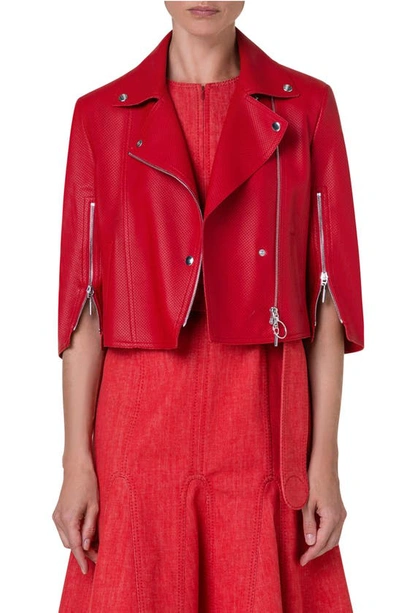 Akris Punto Perforated Nappa Leather Cropped Biker Jacket In Red