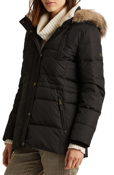 Lauren Ralph Lauren Women's Faux-fur-trim Hooded Puffer Coat, Created For Macy's In Black