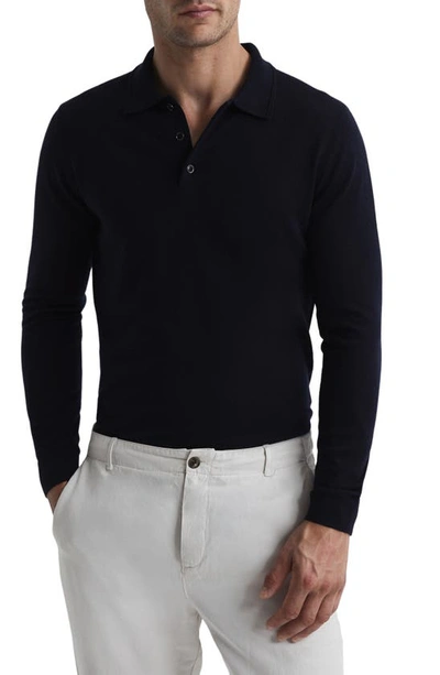 Reiss Mens Navy Trafford Long-sleeve Merino-wool Polo Top In Black