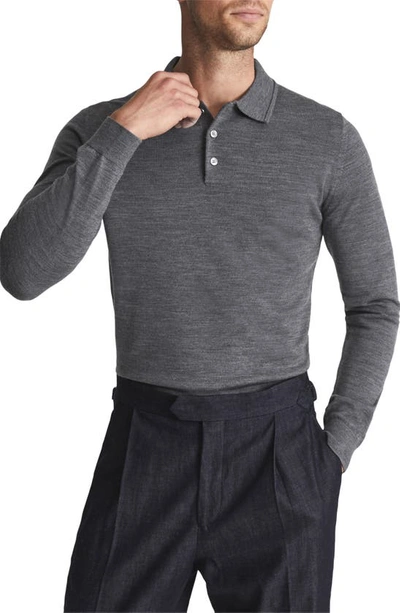Reiss Trafford Merino Wool Regular Fit Long Sleeve Polo Shirt In Mid Grey Melang