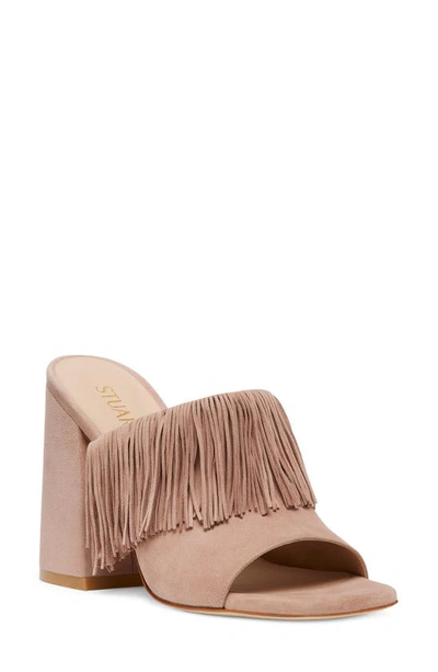 Stuart Weitzman Tia Suede Fringe Mule Sandals In Fawn Leather