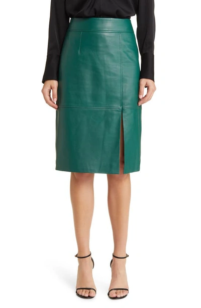 Hugo Boss Slim-fit Pencil Skirt In Grained Leather In Light Green
