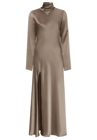 Lapointe Long-sleeve Ruched Slit-hem Double-face Satin Bias Gown In Sage