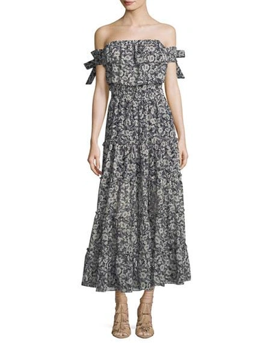 Misa Anais Off-the-shoulder Floral-print Chiffon Maxi Dress In Navy Floral