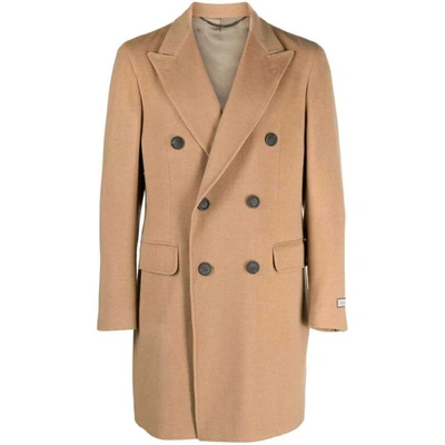 Canali Logo-patch Double-breasted Coat In Neutrals