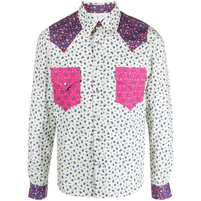 Erl Floral-print Panelled Cotton Shirt In Blue