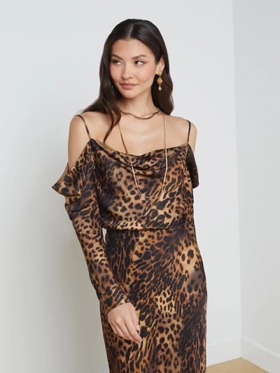 L Agence Zion Blouse In Brown Multi Oil Leopard