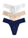 HANKY PANKY 3 PACK SUPIMA® COTTON ORIGINAL RISE THONGS WITH LACE CHAI/WHITE/NAVY