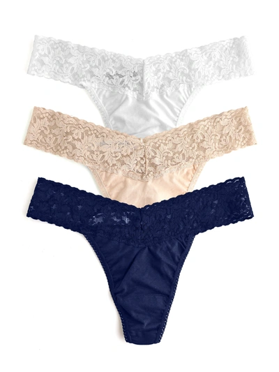 Hanky Panky 3 Pack Supima® Cotton Original Rise Thongs With Lace Chai/white/navy In Brown