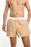 Asos Design Swim Shorts In Short Length With Contrast Waistband In Beige-neutral