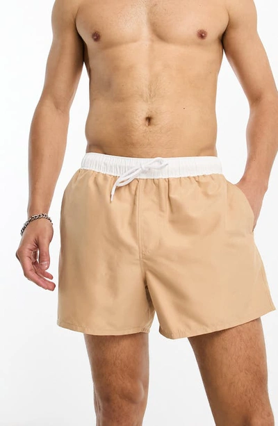 Asos Design Swim Shorts In Short Length With Contrast Waistband In Beige-neutral