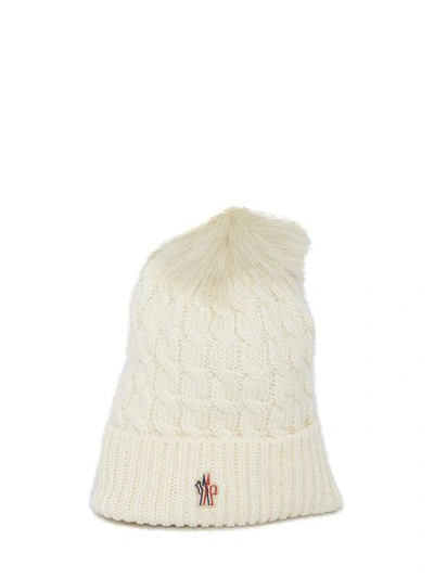 Moncler Grenoble Logo Patch Pompom Ribbed Beanie In White