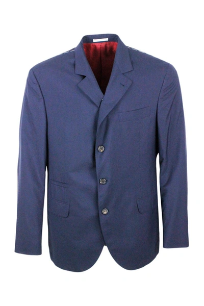 Brunello Cucinelli 3-button Unlined Jacket In Cool Wool Canvas.the Buttons Are In Brown Horn In Blue
