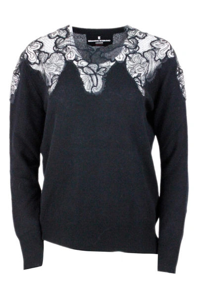 Ermanno Scervino Crewneck Jumper With Lace In Black