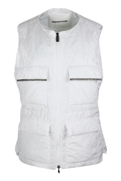 Fabiana Filippi Sleeveless Gilet In Light Padded Nylon With Zip Closure And Front Pockets With Jewels In White