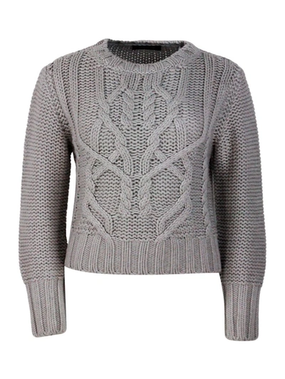 Fabiana Filippi Long Sleeve Crewneck Sweater In 100% Soft Virgin Wool With Cable Knit On The Front In Grey