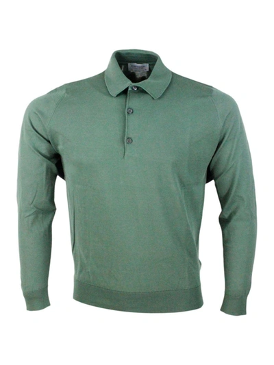 John Smedley Long-sleeved Polo Shirt In Extrafine Cotton Thread With Three Buttons In Green