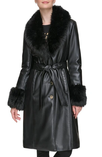 Karl Lagerfeld Women's Faux-fur-trim Faux-leather Coat In Black