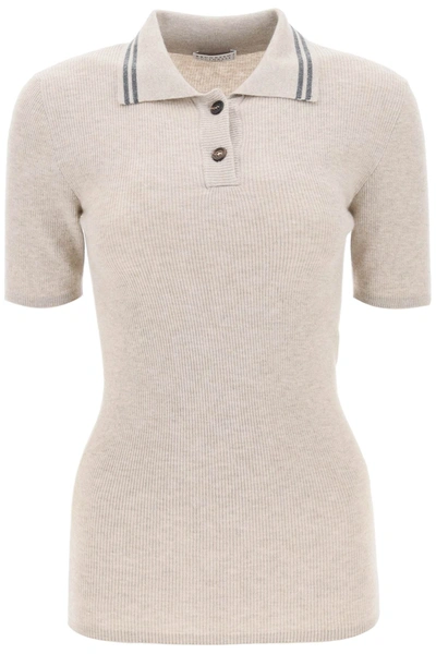 Brunello Cucinelli Ribbed-knit Polo Shirt In Nude