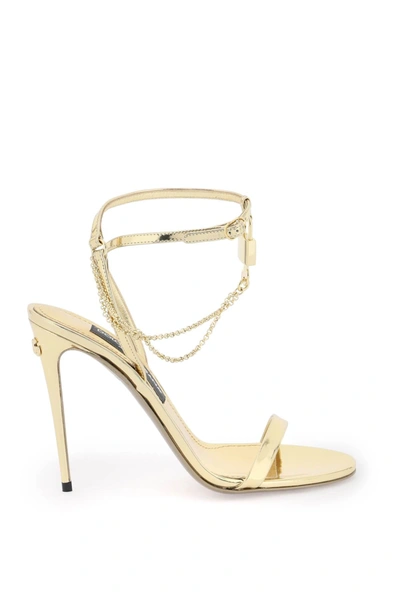 Dolce & Gabbana Laminated Leather Sandals With Charm In Gold