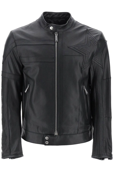 DSQUARED2 LEATHER BIKER JACKET WITH CONTRASTING LETTERING