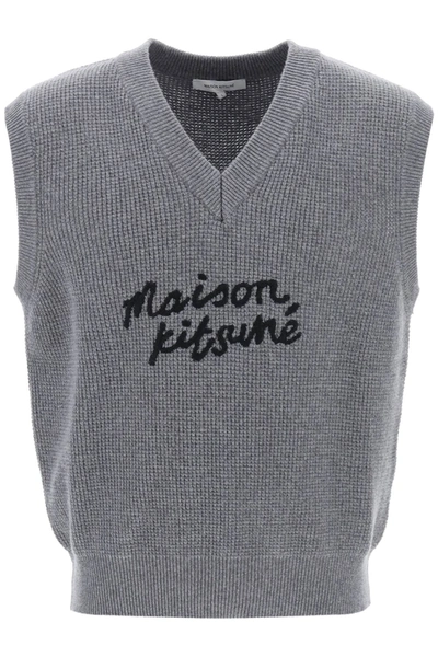 Maison Kitsuné Logo-embroidered Wool Vest In Grey