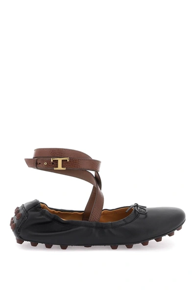 Tod's Bubble Leather Ballet Flats Shoes With Strap In Black