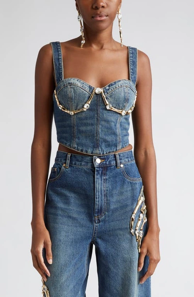 Area Claw Cup Crystal-embellished Denim Bustier In Vintage Indigo