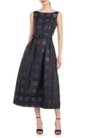 Kay Unger Isla Plaid Pleated Belted Cocktail Dress In Black/ Night Blue