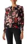 Sanctuary Womens Floral Print Tie Neck Button-down Top In Poinsettia