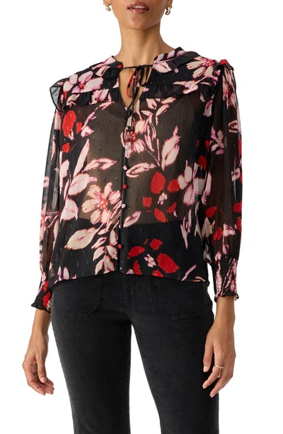 Sanctuary Womens Floral Print Tie Neck Button-down Top In Multi