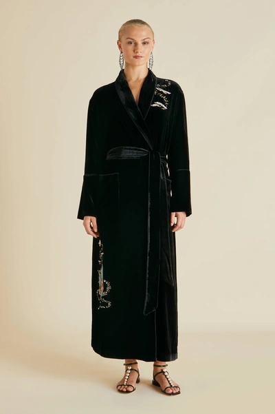 Olivia Von Halle Capability Arcadia Black Embellished Silk Velvet Robe