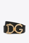 Dolce & Gabbana Chic Baroque Logo Canvas Belt In Muted Cream Hues For Women In Black