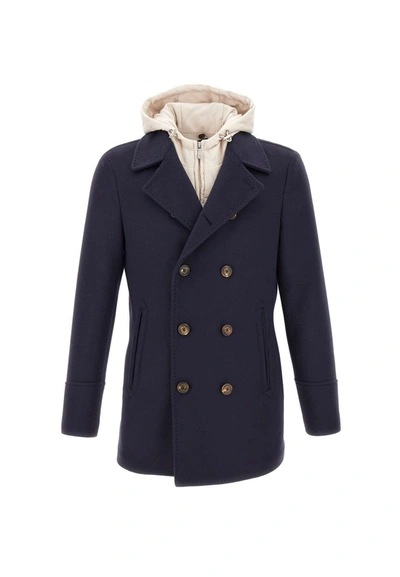 Eleventy Wool And Cashmere Coat In Blue-beige