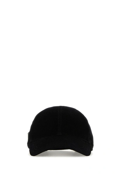 Prada Logo Plaque Corduroy Baseball Cap In Black