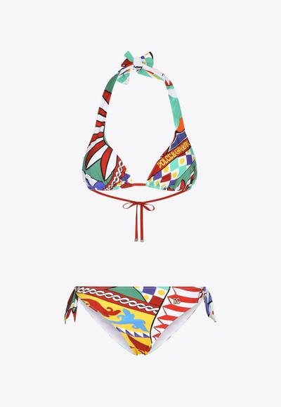 Dolce & Gabbana Carretto Print Padded Triangle Bikini In Multicolor