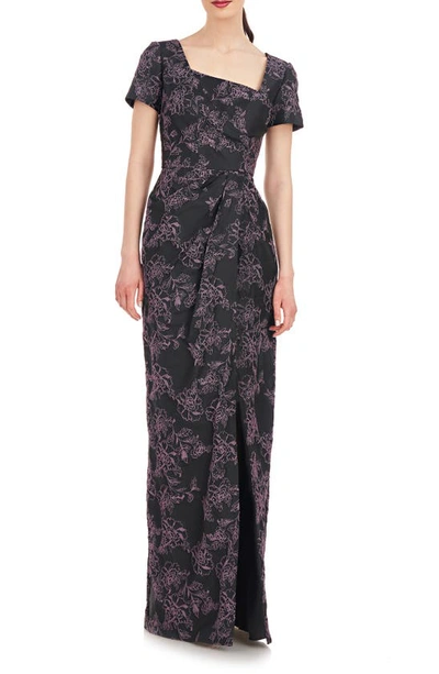 Kay Unger Rosalyn Floral Short Sleeve Column Gown In Black Dark Lavender