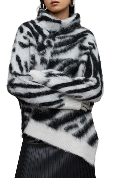 Allsaints Lock Zebra Print Roll Neck Sweater In White