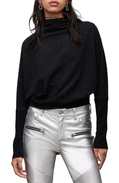 Allsaints Ridley Roll Neck Sparkle Relaxed Sweater In Black/ Silver